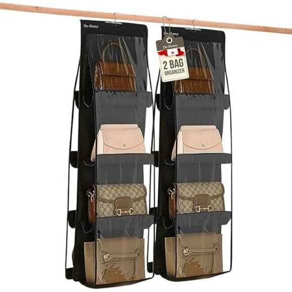 Handbag Organizer 2 Pack Closet Purse Hanger Storage with Clear Pockets Black - Picture 7 of 7